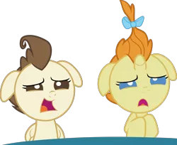 Size: 4484x3654 | Tagged: safe, artist:frownfactory, derpibooru import, edit, edited screencap, screencap, pound cake, pumpkin cake, pegasus, pony, unicorn, baby cakes, baby, baby pony, blue eyes, bow, brown eyes, brown mane, cake twins, colt, do not want, duo, female, filly, floppy ears, foal, hair bow, high res, horn, image, male, open mouth, orange mane, png, siblings, simple background, transparent background, twins, vector