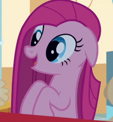 Size: 315x338 | Tagged: safe, derpibooru import, screencap, pinkie pie, earth pony, pony, party of one, animated, female, floppy ears, gif, grin, image, pinkamena diane pie, smiling, solo, talking