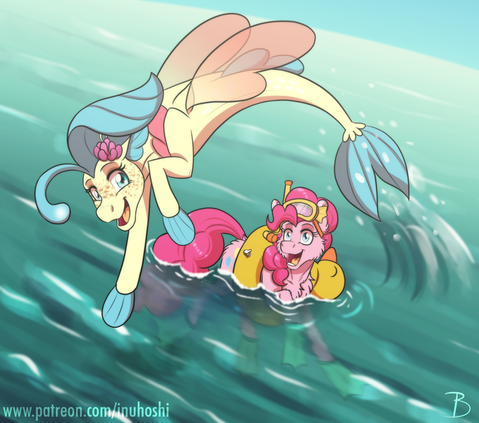 Size: 1600x1412 | Tagged: safe, artist:inuhoshi-to-darkpen, derpibooru import, pinkie pie, princess skystar, earth pony, pony, seapony (g4), my little pony: the movie, flippers, floaty, image, open mouth, png, scuba mask