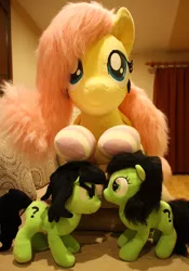 Size: 1024x1465 | Tagged: safe, artist:onlyfactory, artist:ponimalion, derpibooru import, fluttershy, oc, oc:anonfilly, earth pony, pegasus, pony, bed, bootleg, female, filly, image, irl, jpeg, life size, mare, photo, plushie, size difference