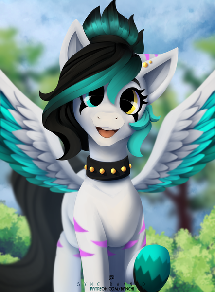 Size: 1596x2167 | Tagged: safe, artist:syncbanned, derpibooru import, oc, unofficial characters only, anthro, pegasus, collar, commission, ear piercing, image, piercing, png, solo, spiked collar, tree, ych result