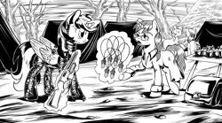 Size: 4256x2364 | Tagged: safe, artist:lexx2dot0, derpibooru import, oc, oc:blackjack, oc:triage, unofficial characters only, pony, unicorn, fallout equestria, fallout equestria: project horizons, black and white, clothes, fanfic art, grayscale, horn, image, monochrome, pipbuck, png, small horn, vault security armor, vault suit
