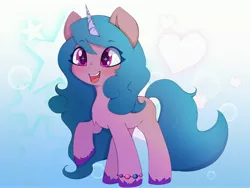 Size: 4096x3072 | Tagged: safe, artist:zokkili, derpibooru import, izzy moonbow, pony, unicorn, my little pony: a new generation, spoiler:g5, spoiler:my little pony: a new generation, abstract background, cute, g5, image, izzybetes, jpeg, open mouth, raised hoof, solo