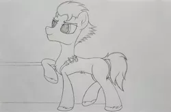 Size: 2898x1896 | Tagged: safe, artist:straighttothepointstudio, derpibooru import, hitch trailblazer, earth pony, pony, my little pony: a new generation, spoiler:my little pony: a new generation, badge, black and white, g5, grayscale, image, jpeg, leaning, male, monochrome, sheriff, smiling, solo, stallion, traditional art