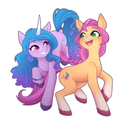 Size: 6000x6000 | Tagged: safe, artist:erkythehero23, derpibooru import, izzy moonbow, sunny starscout, earth pony, pony, unicorn, my little pony: a new generation, spoiler:my little pony: a new generation, colored pupils, cute, duo, female, g5, heart eyes, image, mare, open mouth, png, simple background, smiling, starry eyes, transparent background, wingding eyes