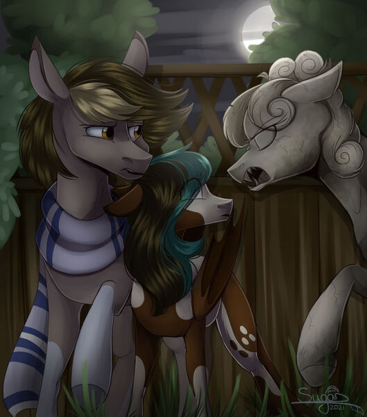 Size: 1280x1451 | Tagged: safe, artist:sugar-0612, derpibooru import, ponified, earth pony, pony, clothes, crossover, doctor who, don't blink, female, image, jpeg, male, scarf, statue, the doctor, weeping angel