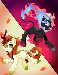 Size: 1609x2048 | Tagged: safe, artist:zeon_starlight, derpibooru import, autumn blaze, kirin, nirik, duality, image, jpeg, leaves