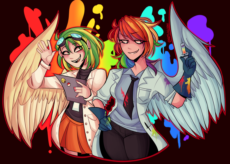 Size: 1597x1140 | Tagged: safe, artist:notlagooni, derpibooru import, rainbow dash, oc, oc:wooden toaster, human, fanfic:rainbow factory, clothes, duo, fanfic art, female, humanized, image, png, rainbow factory dash, syringe, winged humanization, wings