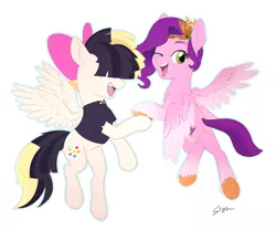 Size: 1200x1000 | Tagged: safe, artist:sion, derpibooru import, pipp petals, songbird serenade, pegasus, pony, my little pony: a new generation, my little pony: the movie, spoiler:my little pony: a new generation, crossover, duo, female, females only, g5, image, looking at you, mare, one eye closed, open mouth, png, simple background, white background, wink