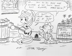 Size: 2852x2209 | Tagged: safe, artist:debmervin, derpibooru import, applejack, spike, dragon, earth pony, pony, black and white, dexterous hooves, duo, female, grayscale, guitar, hoof hold, image, jpeg, male, mare, monochrome, musical instrument