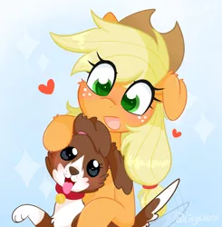 Size: 2005x2048 | Tagged: safe, artist:tinykiru, derpibooru import, applejack, winona, dog, earth pony, pony, blushing, cheek fluff, colored pupils, cute, duo, ear fluff, female, floppy ears, heart, high res, image, jackabetes, jpeg, mare, motion lines, open mouth, ponytober, tail, tail wag, winonabetes