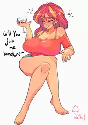 Size: 1400x2000 | Tagged: suggestive, artist:sozglitch, derpibooru import, sunset shimmer, human, alcohol, barefoot, bare shoulders, bedroom eyes, big breasts, blushing, breasts, busty sunset shimmer, cleavage, crossed legs, drunk, feet, female, glass, huge breasts, image, jpeg, simple background, solo, solo female, talking to viewer, white background, wine, wine glass