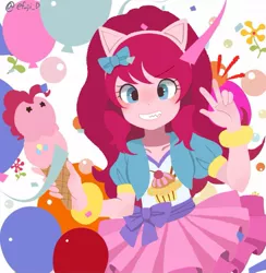 Size: 1221x1251 | Tagged: safe, artist:efuji_d, derpibooru import, pinkie pie, equestria girls, balloon, bracelet, clothes, confetti, emanata, fake ears, food, ice cream, ice cream cone, image, jacket, jewelry, jpeg, looking at you, peace sign, pony ears, skirt, smiling, smiling at you, solo