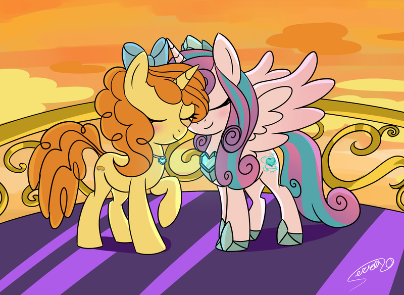 Size: 2739x2000 | Tagged: safe, artist:serra20, derpibooru import, princess flurry heart, pumpkin cake, alicorn, unicorn, adult flurry heart, adult pumpkin cake, blushing, couple, eyes closed, female, image, lesbian, nuzzling, older, older pumpkin cake, png, pumpkin heart, shipping, smiling, sunset