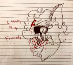 Size: 960x860 | Tagged: semi-grimdark, artist:millefaller, derpibooru import, oc, earth pony, pony, undead, zombie, zombie pony, black sclera, black tears, blood, bust, female, image, jpeg, lineart, lined paper, mare, open mouth, sharp teeth, talking, teeth, traditional art