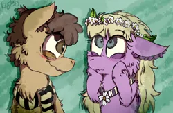 Size: 1136x739 | Tagged: safe, artist:millefaller, derpibooru import, ponified, earth pony, pony, abstract background, bust, cheek fluff, clothes, cute, dipper pines, duo, ear fluff, female, floral head wreath, flower, gravity falls, image, male, mare, pacifica northwest, png, scarf, signature, smiling, stallion