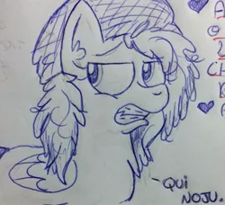 Size: 960x874 | Tagged: safe, artist:millefaller, derpibooru import, oc, unofficial characters only, pegasus, pony, beanie, bust, ear fluff, eyelashes, female, gritted teeth, hat, image, jpeg, lineart, mare, pegasus oc, solo, traditional art, wings
