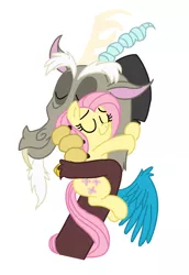 Size: 824x1200 | Tagged: safe, artist:mickeymonster, artist:taylorrose16, derpibooru import, discord, fluttershy, pegasus, pony, 2013, duo, eyes closed, female, hug, image, male, png, simple background, white background