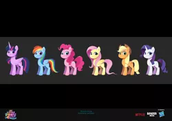 Size: 3840x2715 | Tagged: safe, artist:imalou, derpibooru import, applejack, fluttershy, pinkie pie, rainbow dash, rarity, twilight sparkle, twilight sparkle (alicorn), alicorn, earth pony, pegasus, pony, unicorn, my little pony: a new generation, spoiler:g5, spoiler:my little pony: a new generation, applejack's hat, blue eyes, concept art, cowboy hat, eyelashes, eyeshadow, female, folded wings, g5, green eyes, hasbro logo, hat, horn, image, jpeg, makeup, mane six, mare, multicolored hair, multicolored mane, multicolored tail, my little pony: a new generation logo, netflix logo, pink mane, pink tail, purple eyes, rainbow hair, rainbow tail, smiling, standing, tail, teal eyes, wings