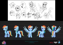 Size: 3840x2715 | Tagged: safe, artist:imalou, derpibooru import, rainbow dash, pegasus, pony, my little pony: a new generation, spoiler:g5, spoiler:my little pony: a new generation, concept art, female, floppy ears, flying, folded wings, front view, full body, g5, gritted teeth, hasbro logo, image, jpeg, mare, multicolored hair, multicolored mane, my little pony: a new generation logo, netflix logo, open mouth, open smile, rainbow hair, rainbow tail, rear view, side view, smiling, spread wings, standing, tail, three quarter view, wings