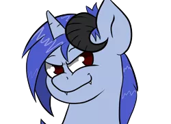 Size: 1100x797 | Tagged: safe, artist:tranzmuteproductions, derpibooru import, oc, oc:aeon of dreams, unofficial characters only, incubus, pony, unicorn, bust, fangs, horns, image, male, png, simple background, smiling, smirk, solo, stallion, transparent background