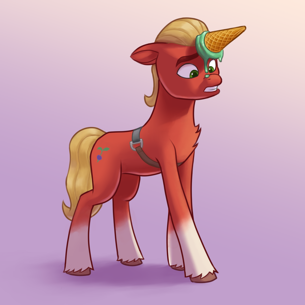 Size: 1717x1717 | Tagged: safe, artist:rosik, derpibooru import, sprout cloverleaf, earth pony, pony, my little pony: a new generation, food, g5, ice cream, ice cream cone, ice cream horn, image, male, png, solo, stallion