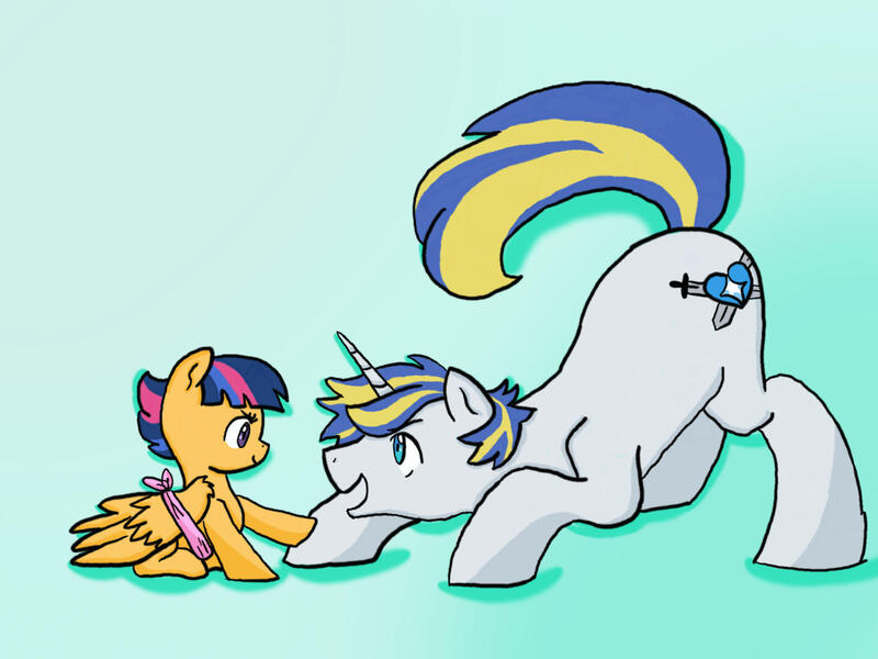 Size: 2048x1536 | Tagged: safe, artist:kianamai, artist:tragedy-kaz, color edit, derpibooru import, edit, oc, oc:starburst, oc:valiant heart, unofficial characters only, pegasus, pony, unicorn, kilalaverse, colored, cousins, duo, face down ass up, female, filly, horn, image, jpeg, male, offspring, parent:flash sentry, parent:princess cadance, parent:shining armor, parent:twilight sparkle, parents:flashlight, parents:shiningcadance, pegasus oc, stallion, unicorn oc, wings