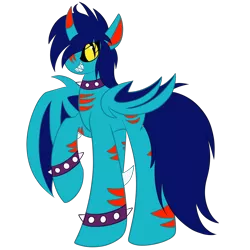 Size: 1500x1500 | Tagged: safe, artist:tragedy-kaz, derpibooru import, oc, unofficial characters only, alicorn, bat pony, bat pony alicorn, pony, bat pony oc, bat wings, bracelet, choker, grin, horn, image, png, simple background, slit pupils, smiling, solo, spiked choker, spiked wristband, transparent background, wings, wristband