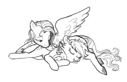 Size: 1084x705 | Tagged: safe, artist:spectralunicorn, derpibooru import, fluttershy, rainbow dash, pegasus, pony, rabbit, animal, black and white, cuddling, drool, eyes closed, female, flutterdash, grayscale, image, lesbian, lidded eyes, lineart, looking at someone, lying down, mare, monochrome, open mouth, png, shipping, simple background, sleeping, sleepydash, smiling, spread wings, white background, wings