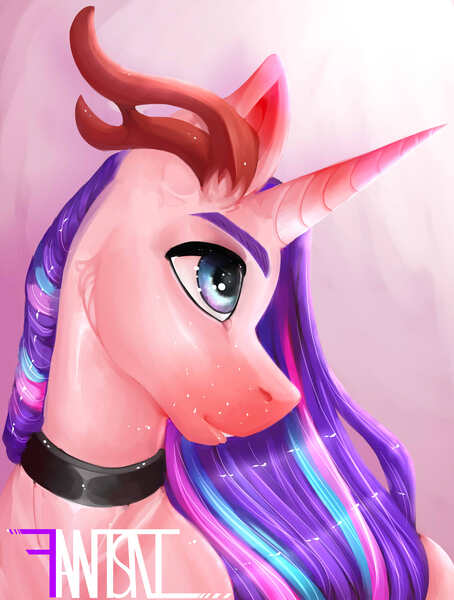 Size: 4543x6000 | Tagged: safe, artist:fantisai, derpibooru import, oc, unofficial characters only, pony, unicorn, antlers, bust, choker, horn, image, jpeg, solo, unicorn oc