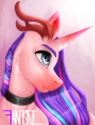 Size: 4543x6000 | Tagged: safe, artist:fantisai, derpibooru import, oc, unofficial characters only, pony, unicorn, antlers, bust, choker, horn, image, jpeg, solo, unicorn oc
