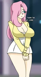 Size: 975x1818 | Tagged: safe, artist:_mssj9, derpibooru import, fluttershy, human, big breasts, blushing, breasts, busty fluttershy, cleavage, clothes, derpibooru exclusive, dress, eyebrows, eyebrows visible through hair, eye clipping through hair, humanized, image, long hair, long sleeves, looking away, png, short dress