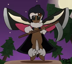 Size: 1900x1700 | Tagged: safe, artist:stemthebug, derpibooru import, oc, oc:stem bedstraw, unofficial characters only, insect, moth, mothpony, original species, pony, clothes, hood, image, moon, night, png, scythe, solo