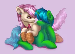 Size: 1400x1000 | Tagged: safe, artist:ariamidnighters, derpibooru import, oc, oc:green byte, oc:vanillaberry swirl, earth pony, pony, unicorn, bowtie, commission, ear piercing, female, image, male, mare, piercing, png, simple background, stallion, ych result