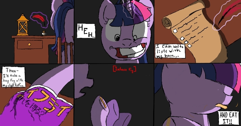 Size: 867x454 | Tagged: safe, artist:scootaloormayfly, derpibooru import, twilight sparkle, unicorn, anime crossover, colored, comic, crazy face, crossover, death note, desk, dramatic lighting, faic, food, french fries, hay fries, image, ink, jpeg, lantern, list, quill, solo, text, text box, unicorn twilight