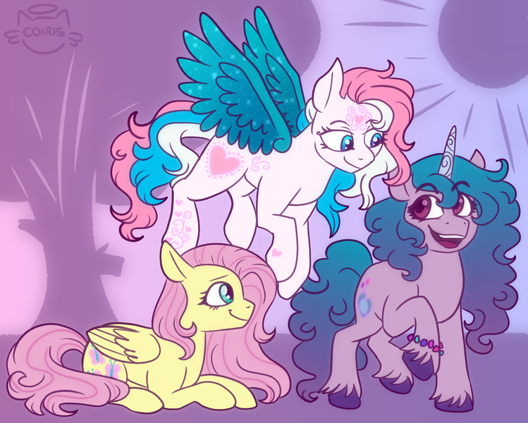 Size: 1021x818 | Tagged: safe, artist:coiris, artist:cordearcoiris, derpibooru import, fluttershy, izzy moonbow, star catcher, pegasus, pony, unicorn, colored wings, crossover, female, flying, folded wings, g3, g5, generation leap, image, looking at each other, looking at someone, lying down, mare, open mouth, open smile, outdoors, png, prone, raised hoof, smiling, spread wings, standing, sun, swirly markings, tree, trio, unshorn fetlocks, wings