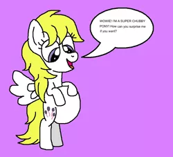 Size: 828x751 | Tagged: safe, artist:brobbol, derpibooru import, surprise, pegasus, pony, adoraprise, black text, chubby, cute, fat, female, g1, g1 to g4, g4, generation leap, image, lilac background, mare, png, simple background, speech bubble, talking, text, vore, weight gain