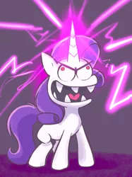 Size: 1528x2048 | Tagged: safe, artist:noupu, derpibooru import, rarity, pony, unicorn, my little pony: a new generation, spoiler:my little pony: a new generation, evil rarity, female, g5, image, jpeg, magic, mare, open mouth, red eyes, sharp teeth, solo, teeth