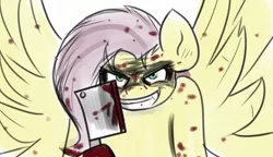 Size: 1000x576 | Tagged: semi-grimdark, artist:tranzmuteproductions, derpibooru import, pegasus, pony, .mov, shed.mov, blood, bust, cleaver, evil grin, female, fluttershed, grin, hoof hold, image, insanity, mare, png, simple background, smiling, solo, spread wings, white background, wings