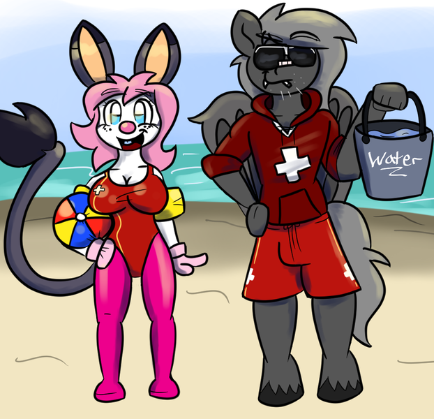 Size: 1024x987 | Tagged: safe, artist:tranzmuteproductions, derpibooru import, oc, oc:tranzmute, unofficial characters only, anthro, digitigrade anthro, pony, rabbit, unguligrade anthro, animal, beach, bucket, clothes, duo, female, image, male, outdoors, png, shorts, stallion