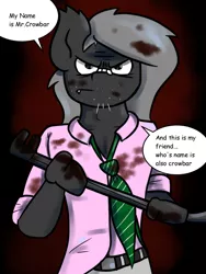 Size: 768x1024 | Tagged: semi-grimdark, artist:tranzmuteproductions, derpibooru import, oc, oc:tranzmute, anthro, bat pony, bat pony oc, bat wings, blood, clothes, frown, image, male, necktie, png, suit, talking, wings