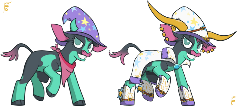 Size: 1280x576 | Tagged: safe, artist:hiddelgreyk, derpibooru import, cow, them's fightin' herds, arizona (tfh), bandana, boots, clothes, community related, cowboy boots, duster, ear piercing, glue cup (tfh), gold, green eyes, hat, image, piercing, png, redesign, shoes, simple background, spurs, transparent background, trixie's hat, warframe