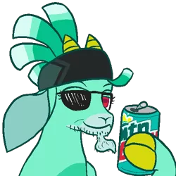 Size: 500x500 | Tagged: safe, artist:hiddelgreyk, derpibooru import, goat, them's fightin' herds, 30 year old boomer, boomer, community related, facial hair, glue cup (tfh), goatee, headband, image, meme, mountain dew, png, red eyes, shanty (tfh), simple background, stubble, sunglasses, transparent background