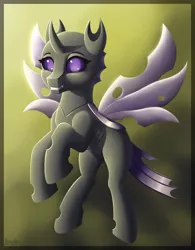 Size: 2500x3200 | Tagged: safe, artist:stardustspix, derpibooru import, oc, oc:alcippe, changeling, equestria at war mod, digital art, flying, image, looking at you, png, purple changeling, smiling, solo, wings