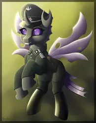 Size: 2500x3200 | Tagged: safe, artist:stardustspix, derpibooru import, oc, oc:alcippe, changeling, equestria at war mod, bag, boots, clothes, digital art, flying, hat, image, looking at you, military uniform, nazi, nazi uniform, png, purple changeling, saddle bag, shoes, smiling, solo, uniform, wings