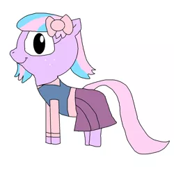 Size: 1509x1502 | Tagged: safe, artist:blazewing, derpibooru import, oc, oc:pastel macaroon, unofficial characters only, pony, clothes, costume, drawpile, ducktales, female, filly, foal, freckles, halloween, halloween 2021, holiday, image, long sleeve shirt, mane bow, nightmare night, nightmare night 2021, png, simple background, skirt, smiling, solo, vest, webby vanderquack