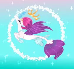 Size: 1024x956 | Tagged: safe, artist:miyalaflordorada, derpibooru import, queen novo, seapony (g4), my little pony: the movie, blue background, collar, colored pupils, crown, dorsal fin, eyelashes, eyes closed, female, fins, fin wings, fish tail, flowing tail, image, jewelry, jpeg, looking up, pink mane, purple wings, queen, regalia, simple background, solo, sparkles, swimming, tail, underwater, water, wings