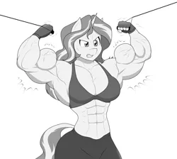 Size: 1200x1076 | Tagged: suggestive, artist:matchstickman, derpibooru import, sunset shimmer, anthro, unicorn, abs, biceps, breasts, cable curls, clothes, female, fingerless gloves, gloves, gritted teeth, image, monochrome, muscles, muscular female, pants, png, sketch, solo, solo female, sports bra, sunset lifter, sweat, sweatpants, vein bulge, workout