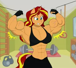 Size: 1200x1076 | Tagged: suggestive, artist:linbluebird, artist:matchstickman, color edit, derpibooru import, edit, sunset shimmer, anthro, unicorn, abs, biceps, breasts, cable curls, clothes, colored, female, fingerless gloves, gloves, gritted teeth, gym, image, jpeg, muscles, muscular female, pants, solo, solo female, sports bra, sunset lifter, sweat, sweatpants, vein bulge, workout