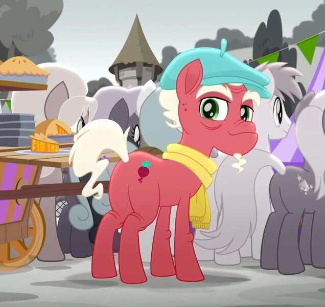 Size: 1145x1080 | Tagged: safe, derpibooru import, screencap, moody root, rainbow roadtrip, cropped, food, image, jpeg, pie, solo focus